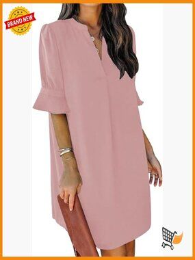 V Neck Ruffle Short Sleeve Casual Shift Dress Summer